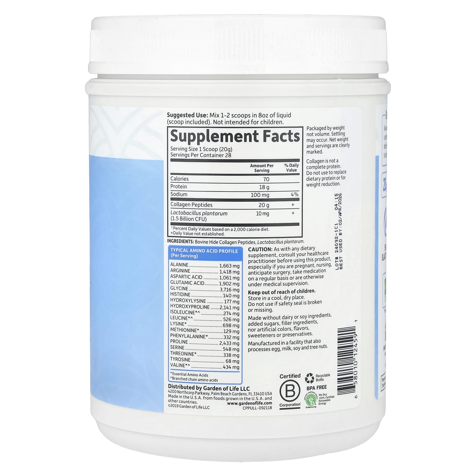 Garden of Life, Grass Fed Collagen Peptides, Unflavored, 19.75 oz (560 g)