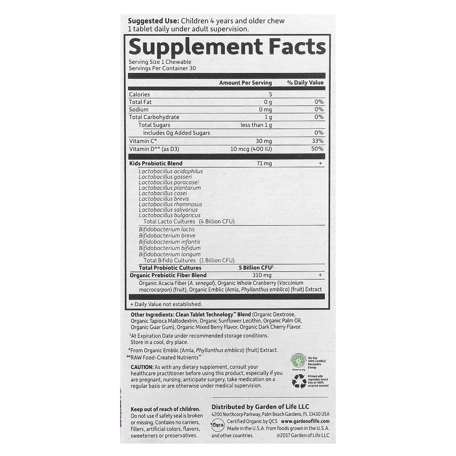 Garden of Life, Dr. Formulated Probiotics, Organic Kids + Chewables, Tasty Organic Berry Cherry, 30 Yummy Chewables