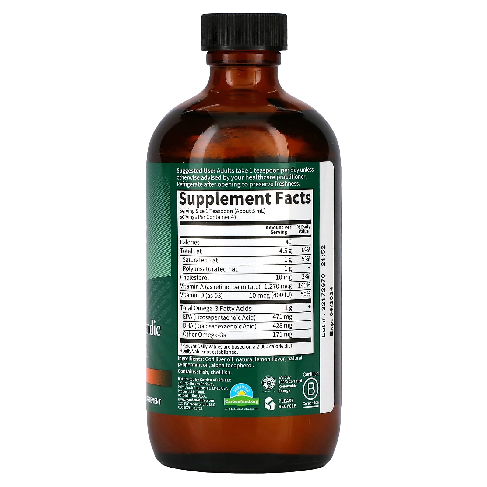Garden of Life, Olde World Icelandic Cod Liver Oil, Lemon Mint, 1 g, 8 fl oz (236 ml)